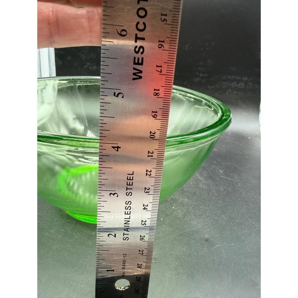 Vintage Hazel-Atlas Green Uranium Glass Mixing Bowl Ribbed Depression Glass 8.5